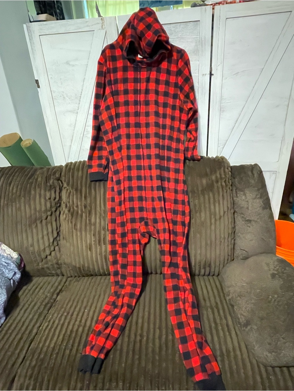 Place Red and Black Buffalo Plaid Men's Hoodie Onesie
